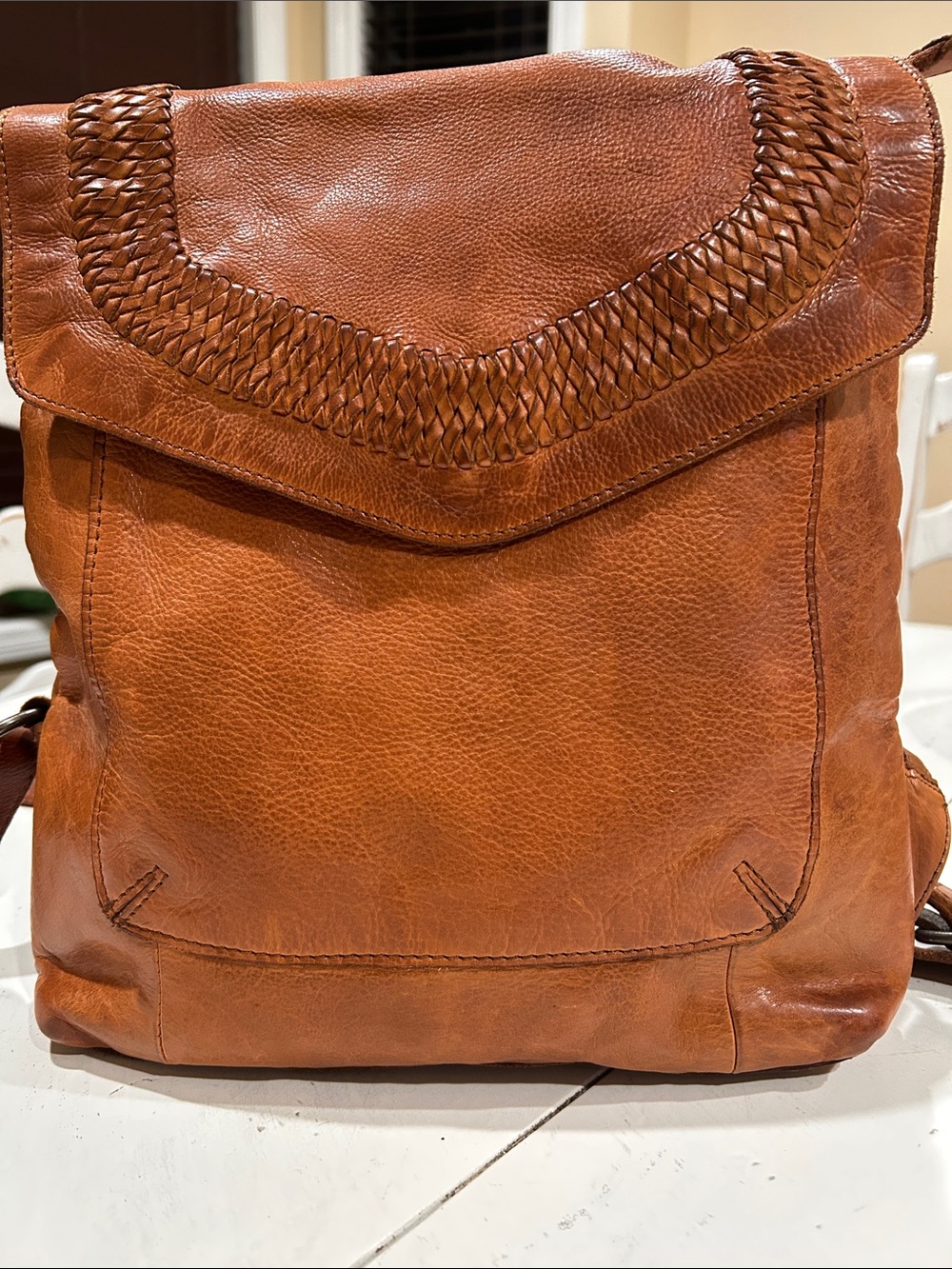 Warm Tan Leather Backpack with Braided Detail